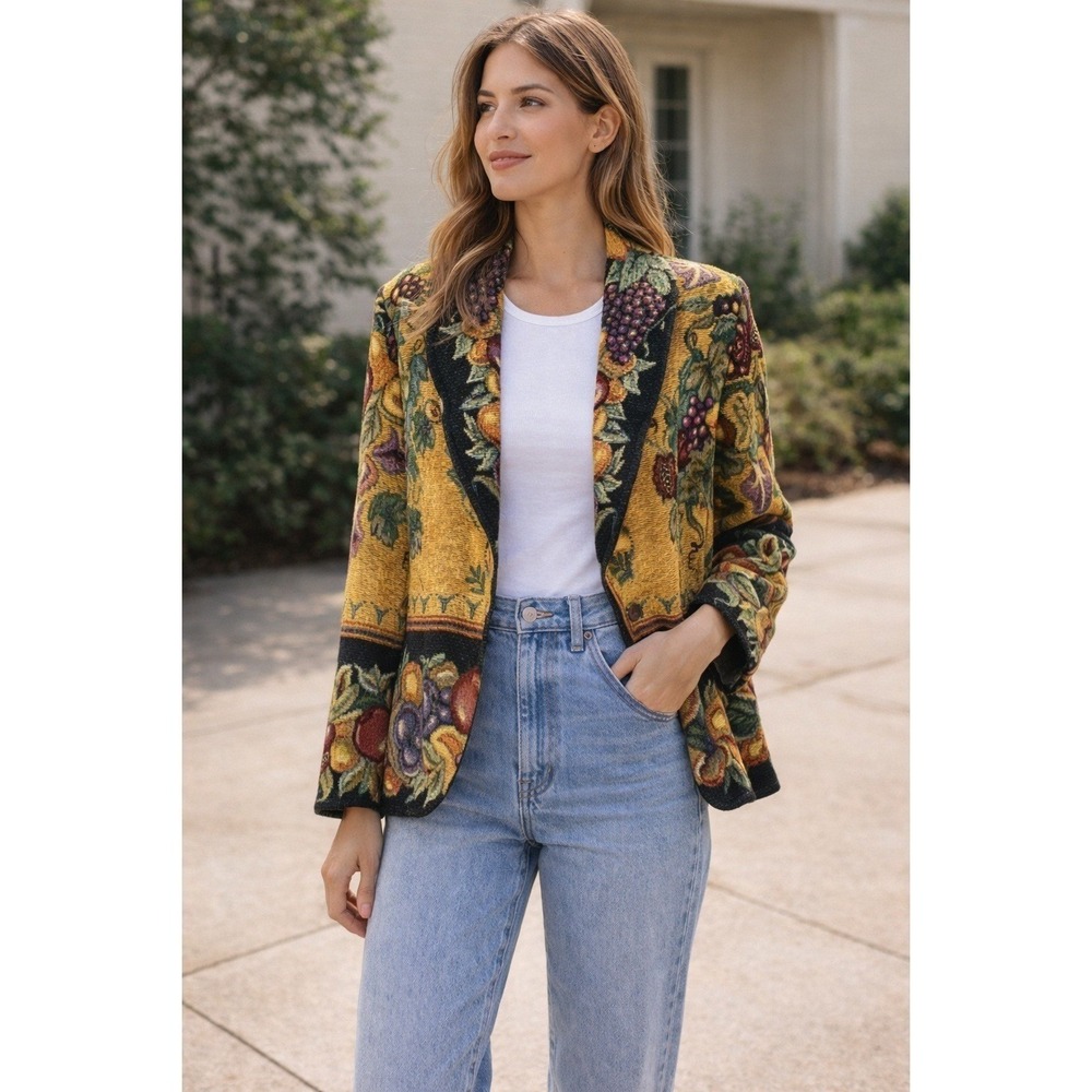 Sugar Street Weavers Vintage Tapestry Jacket Fruit Print Gold XL Cottagecore